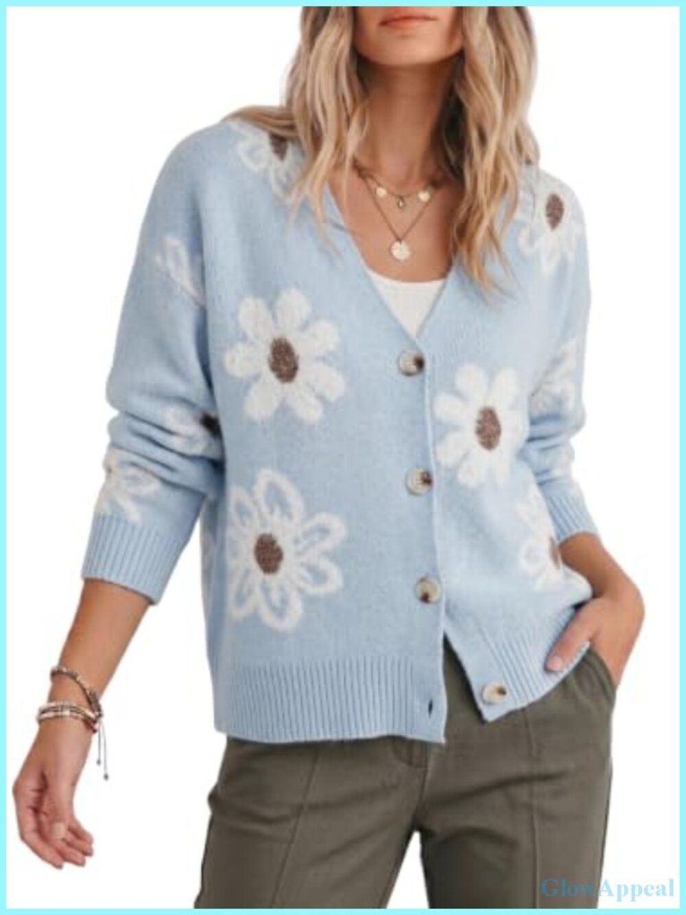 Floral Knit Cardigan Sweater Open Front Long Sleeve V-Neck
